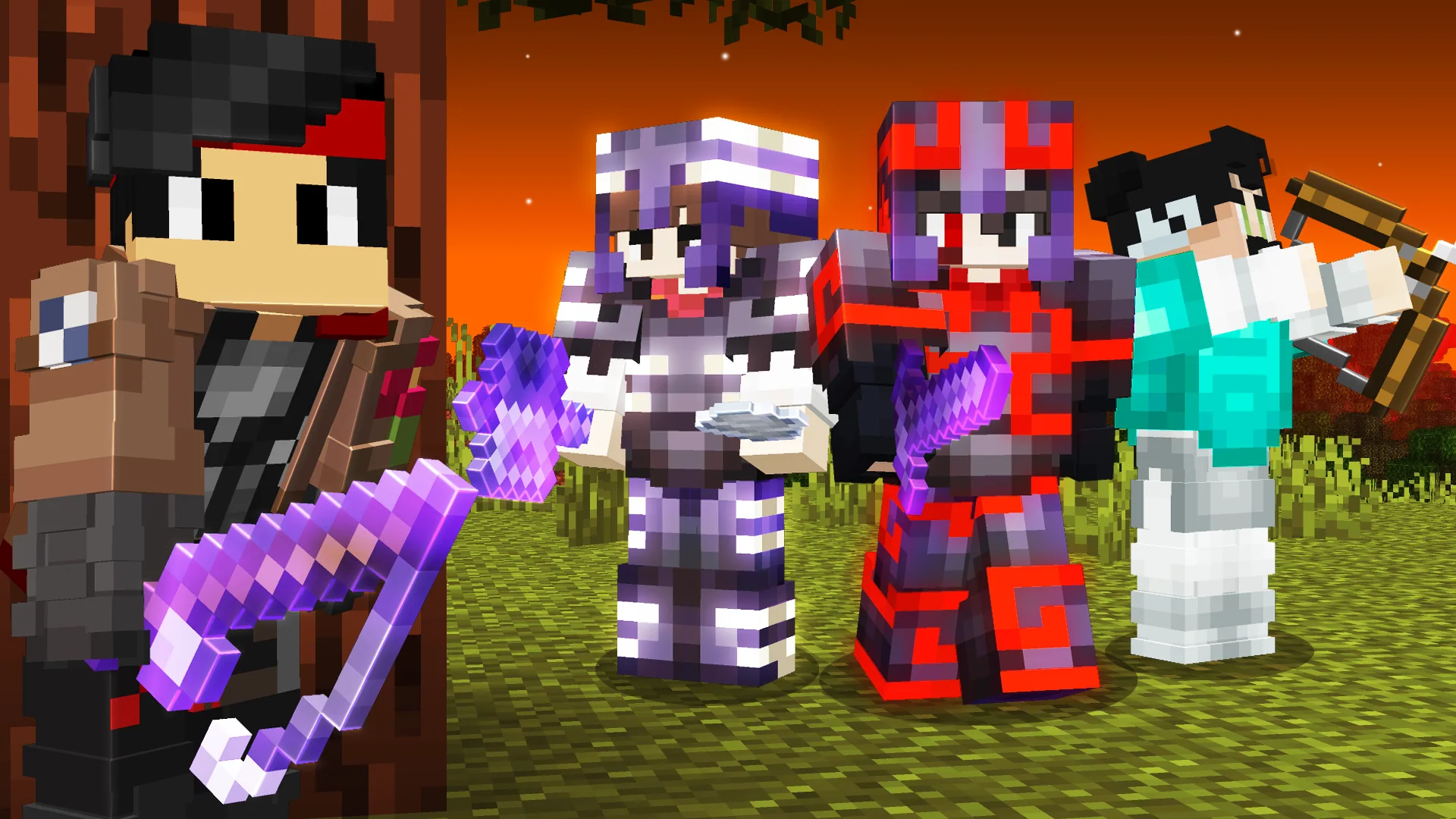 Four Minecraft fighters in a colorful PvP arena